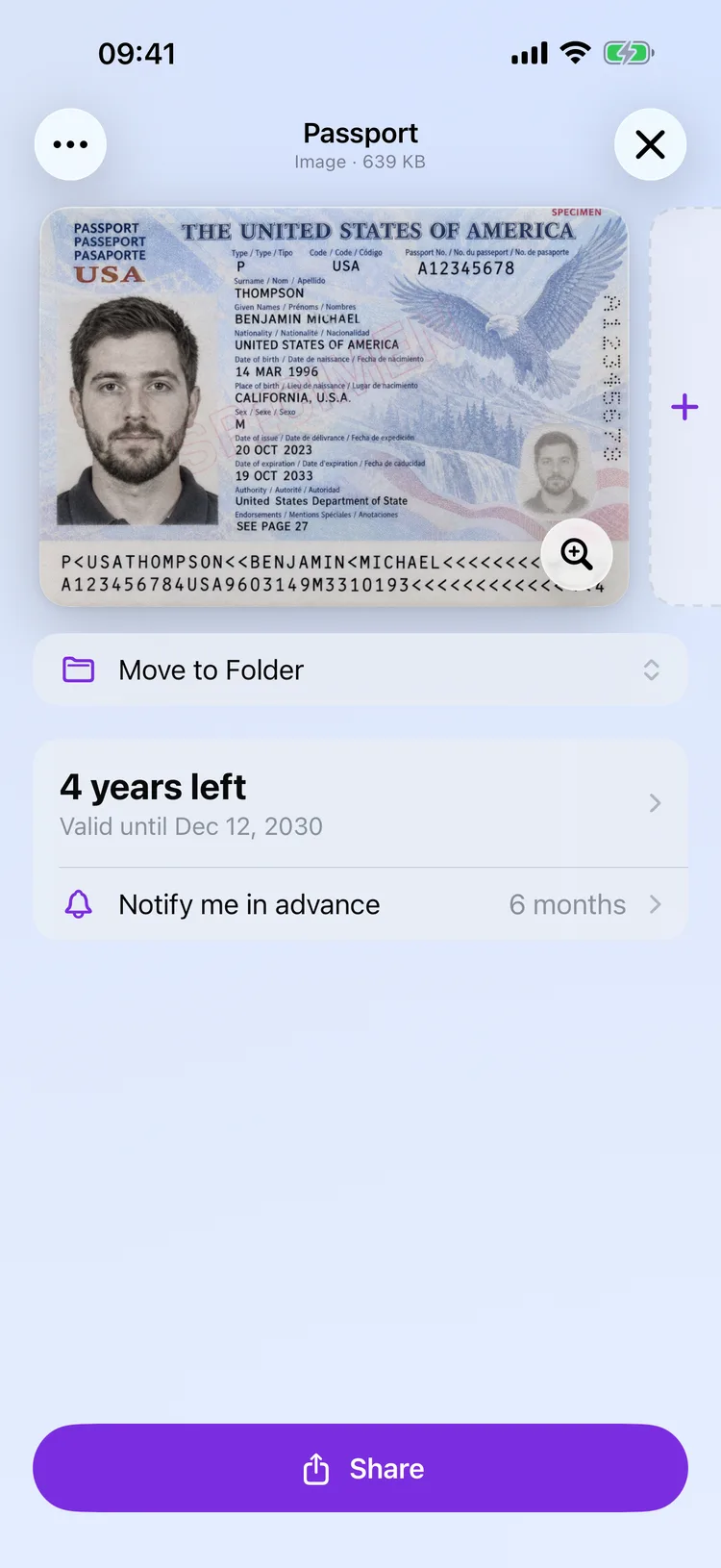 A passport open in Dokus, filling the screen, with its name and document type above it.