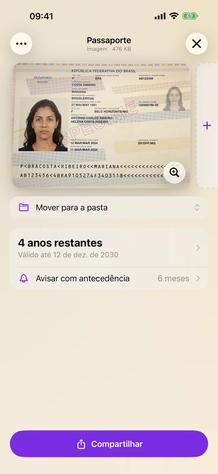 Um passaporte aberto no Dokus, ocupando a tela, com o nome e o tipo do documento acima.