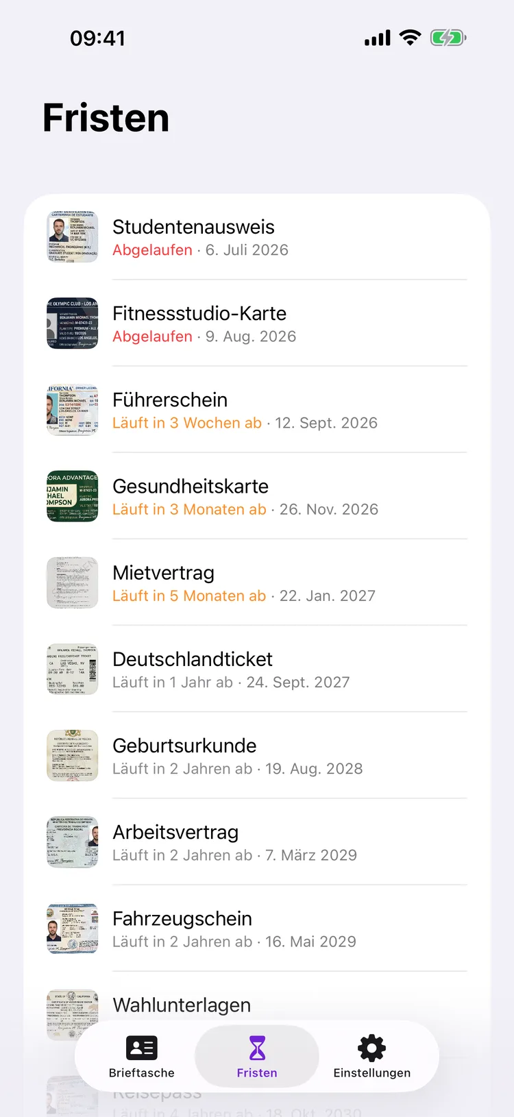 Die Seite „Fristen“ in Dokus listet Dokumente nach Ablaufdatum, die abgelaufenen oben in Rot markiert.