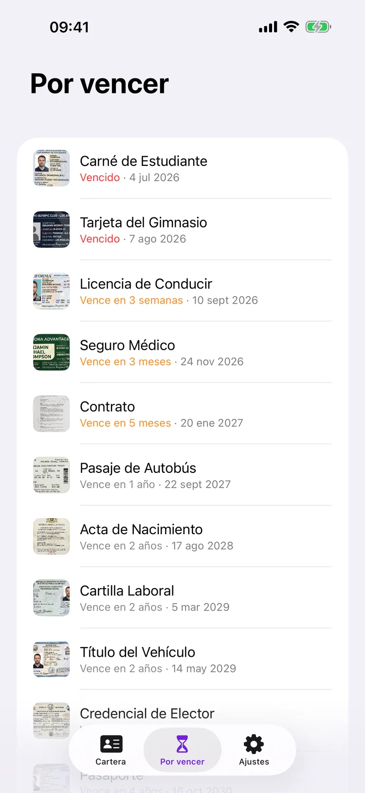 Pantalla Por vencer de Dokus, con los documentos ordenados por vencimiento y los vencidos marcados en rojo arriba.
