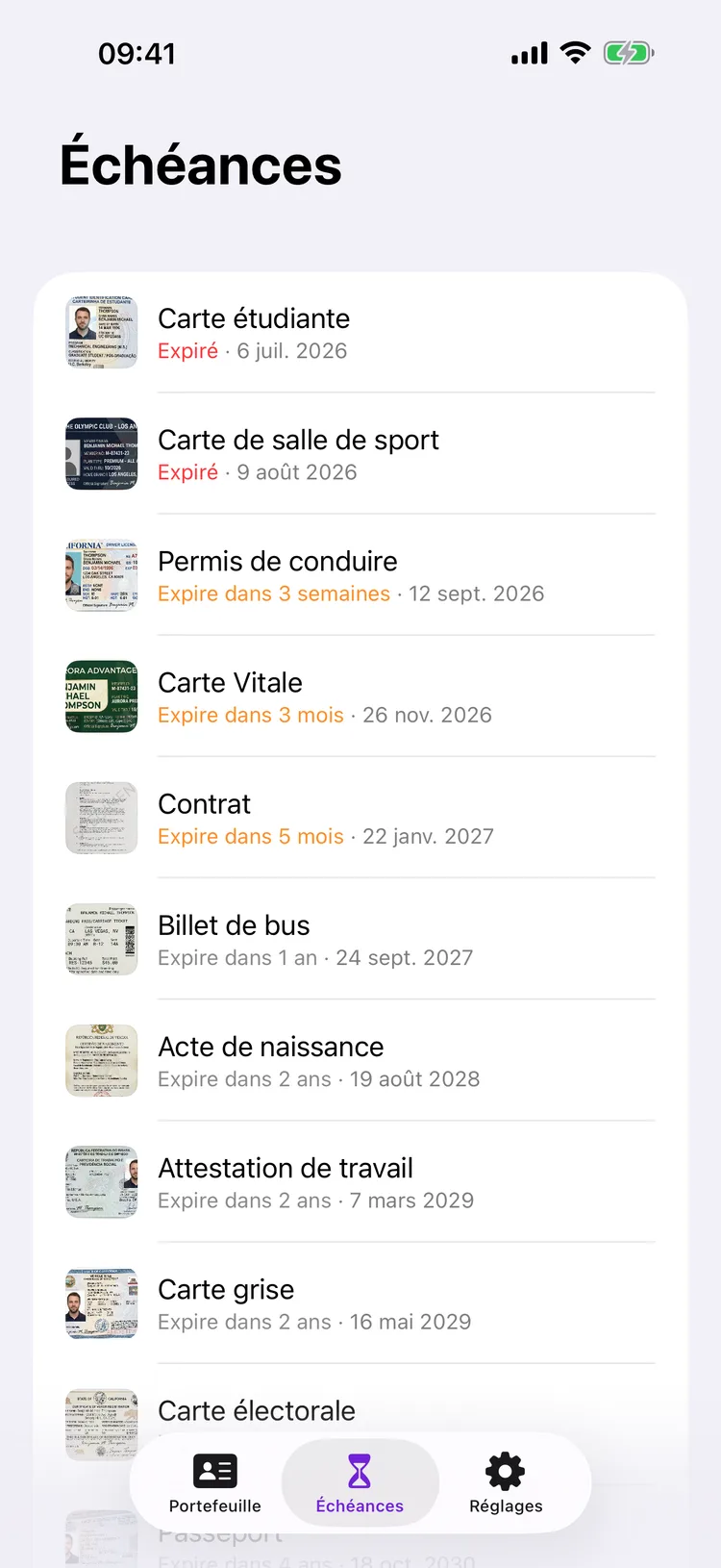 La page Échéances de Dokus, listant les documents par date de validité, les expirés marqués en rouge en haut.