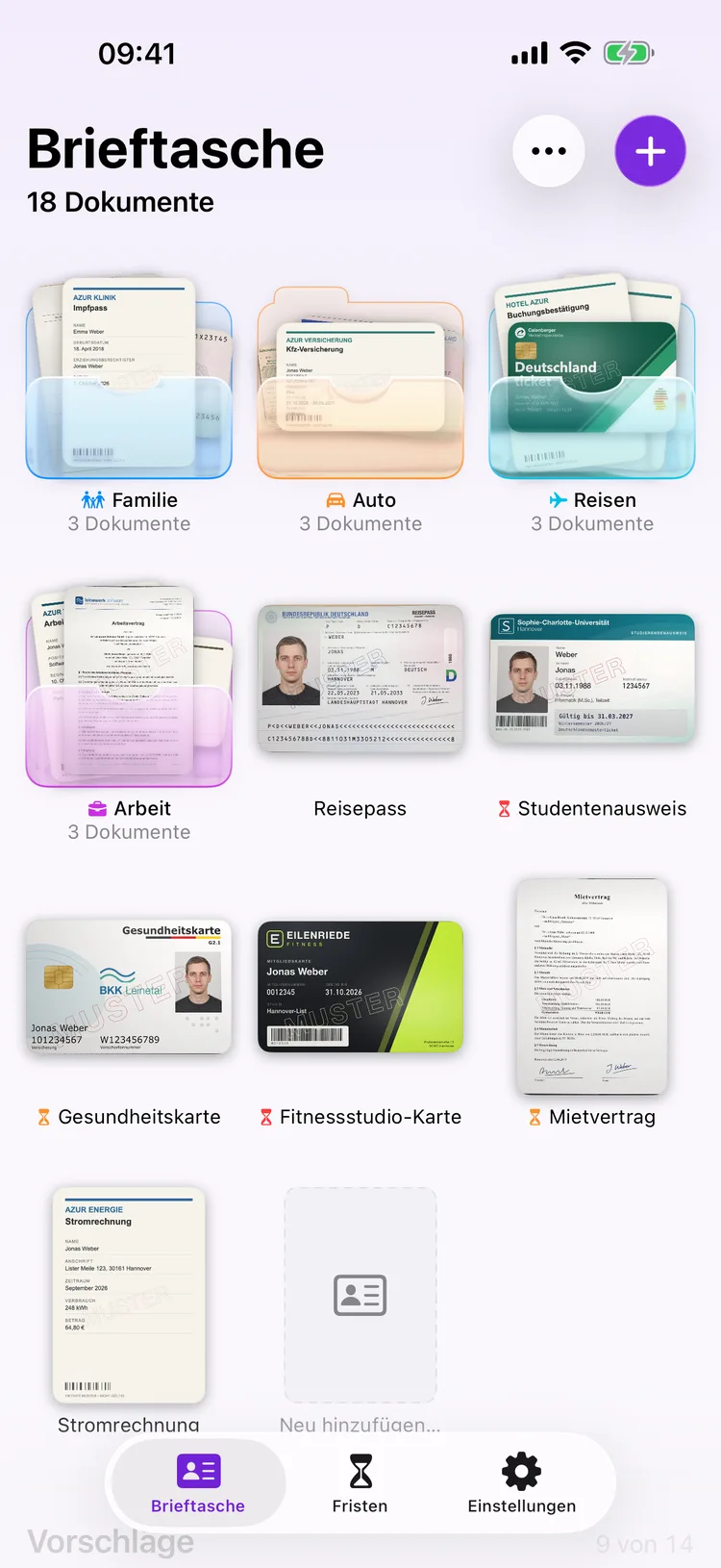 Der Startbildschirm von Dokus mit einem Raster aus Dokumentkacheln, darunter ein Reisepass und ein Führerschein.