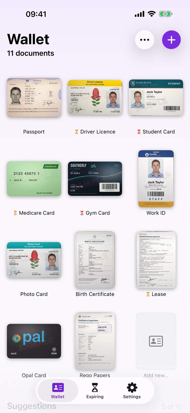 Dokus home screen showing a grid of document tiles, including a passport and a driver licence.