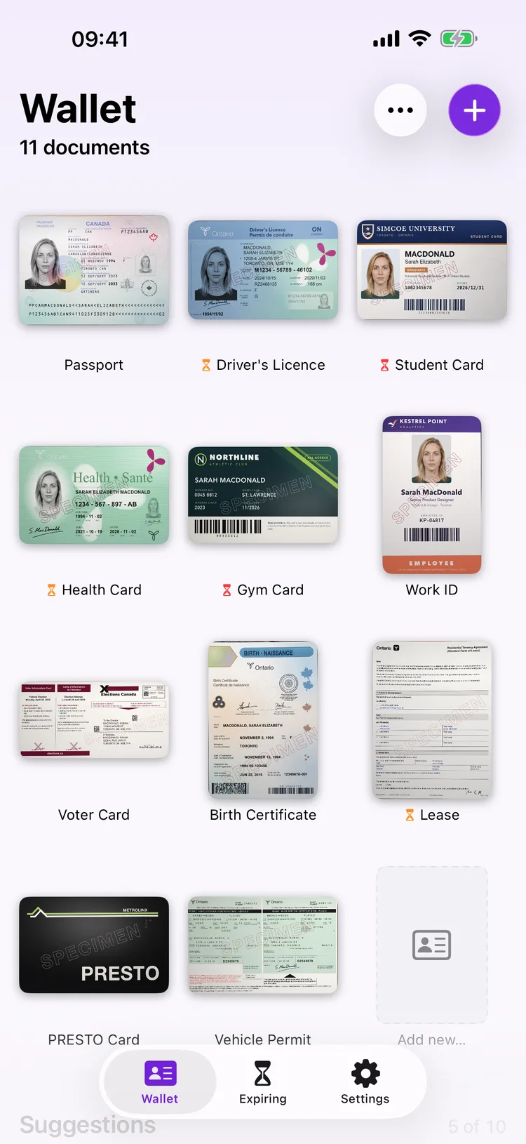 Dokus home screen showing a grid of document tiles, including a passport and a driver's licence.