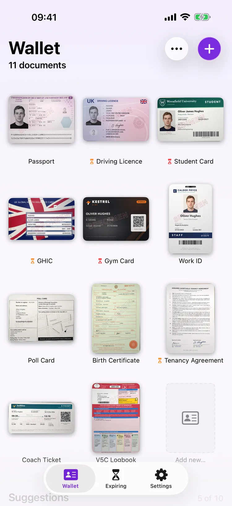 Dokus home screen showing a grid of document tiles, including a passport and a driving licence.