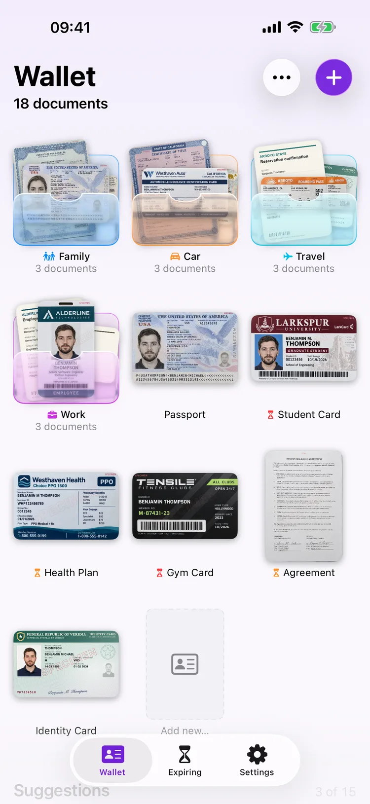 Dokus home screen showing a grid of document tiles, including a passport and a driver's license.