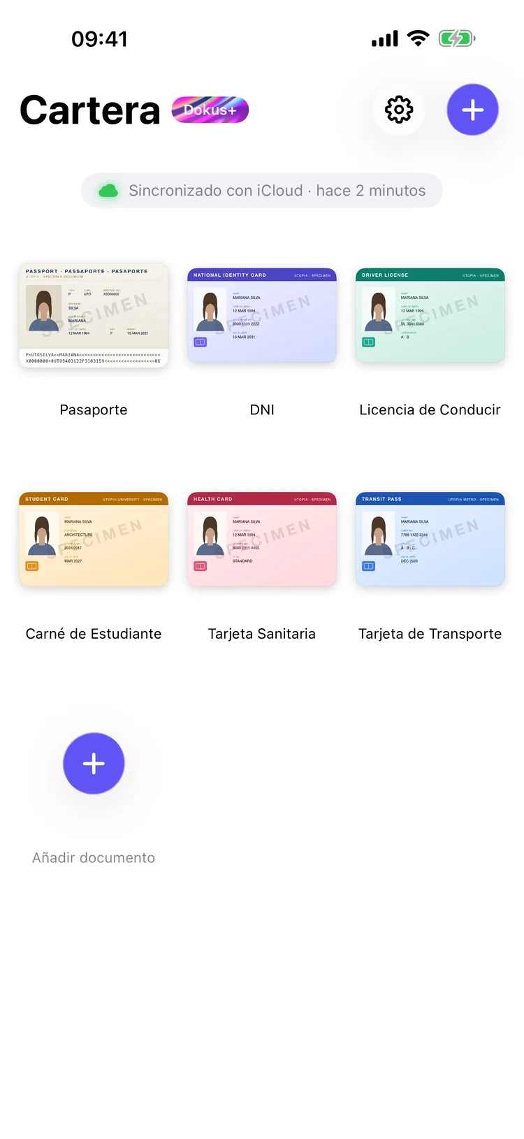 Pantalla de inicio de Dokus con una cuadrícula de documentos, incluidos un pasaporte y una licencia de conducir.