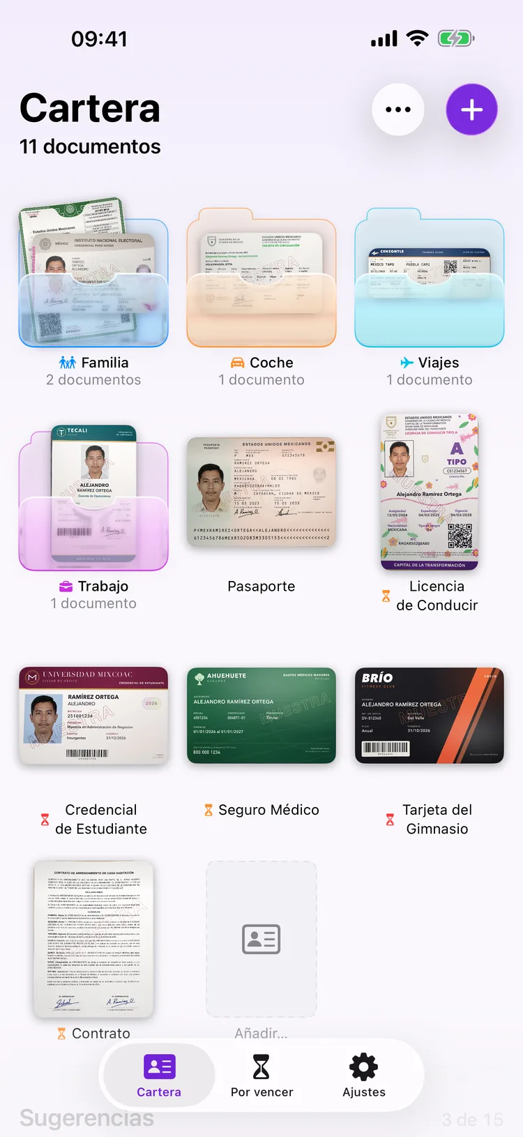 Pantalla de inicio de Dokus con una cuadrícula de documentos, incluidos un pasaporte y una licencia de conducir.