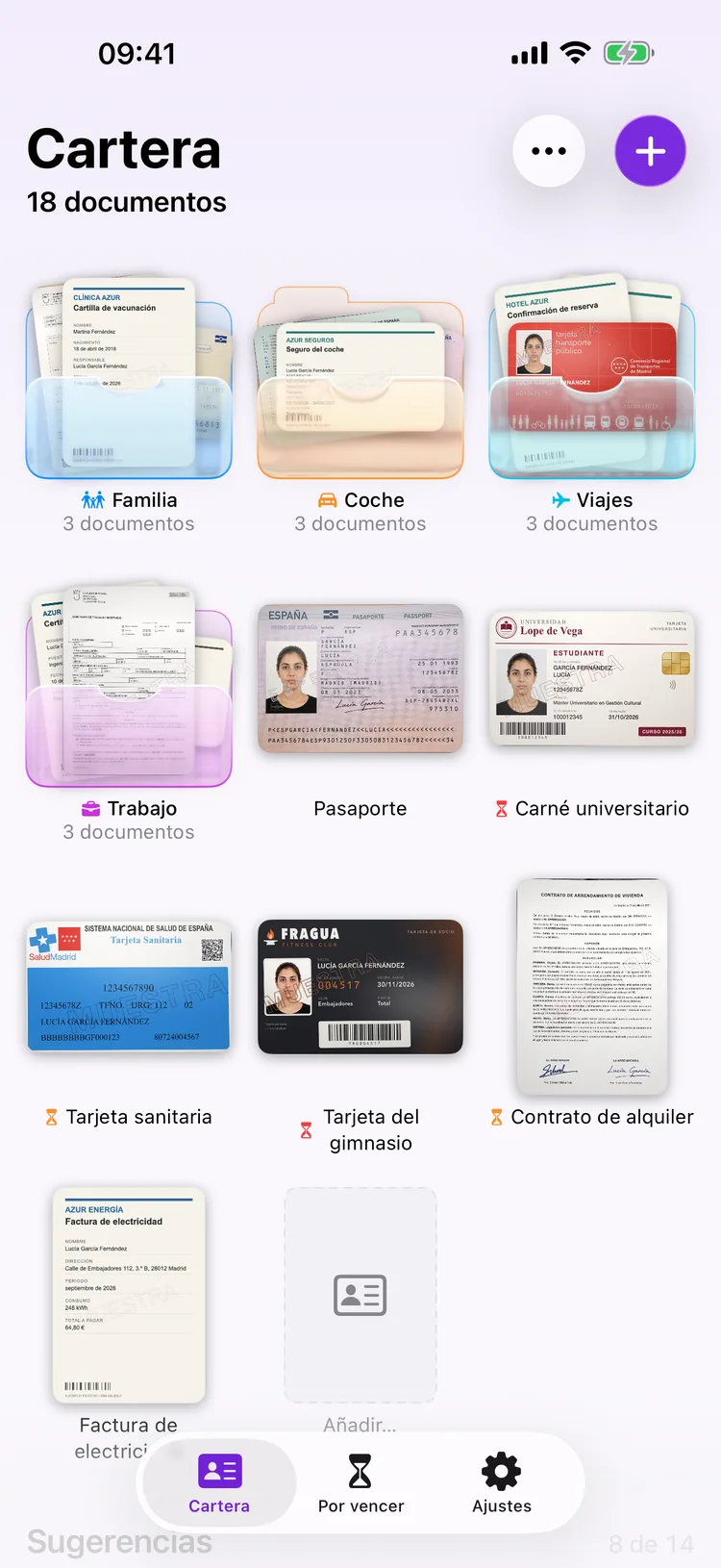 Pantalla de inicio de Dokus con una cuadrícula de documentos, incluidos un pasaporte y una licencia de conducir.