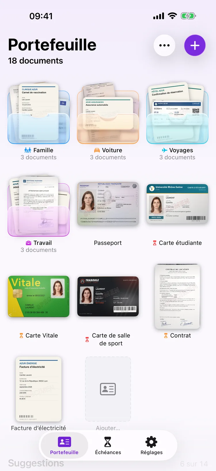 L'écran d'accueil de Dokus, avec une grille de vignettes de documents, dont un passeport et un permis de conduire.