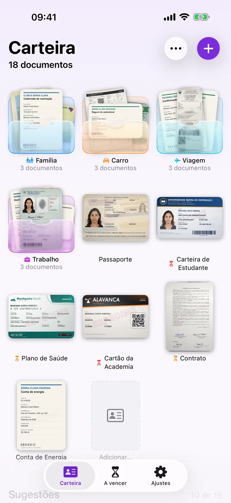 Tela inicial do Dokus com uma grade de documentos, incluindo um passaporte e uma CNH.