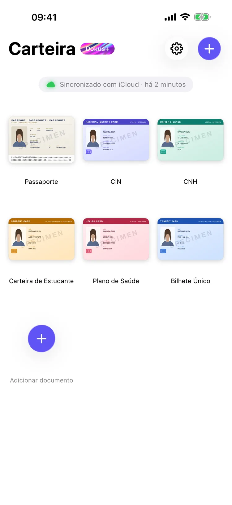 Tela inicial do Dokus com uma grade de documentos, incluindo um passaporte e uma CNH.