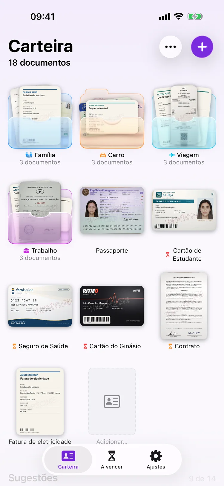 Ecrã inicial do Dokus com uma grelha de documentos, incluindo um passaporte e uma carta de condução.