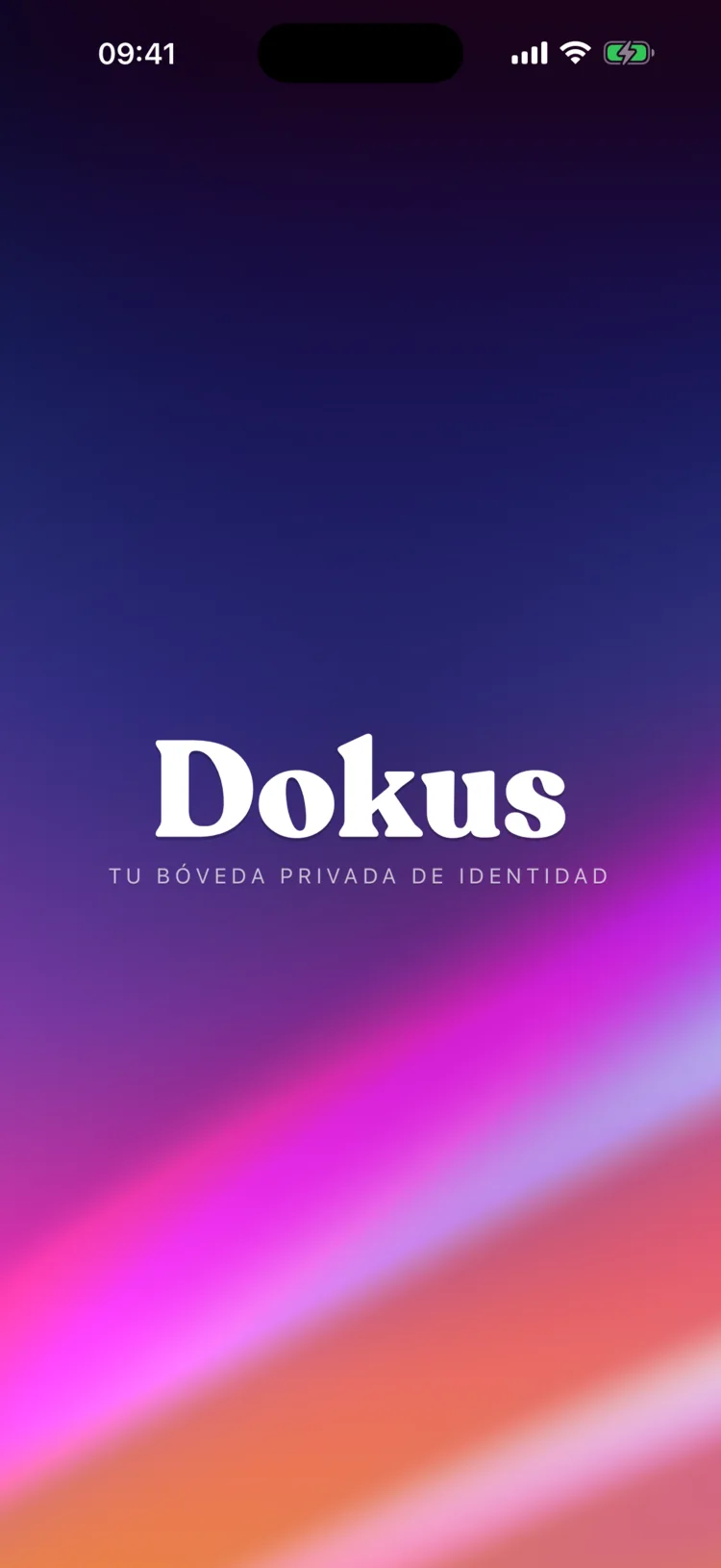 La pantalla de inicio de Dokus: el logotipo Dokus sobre un degradado iridiscente.
