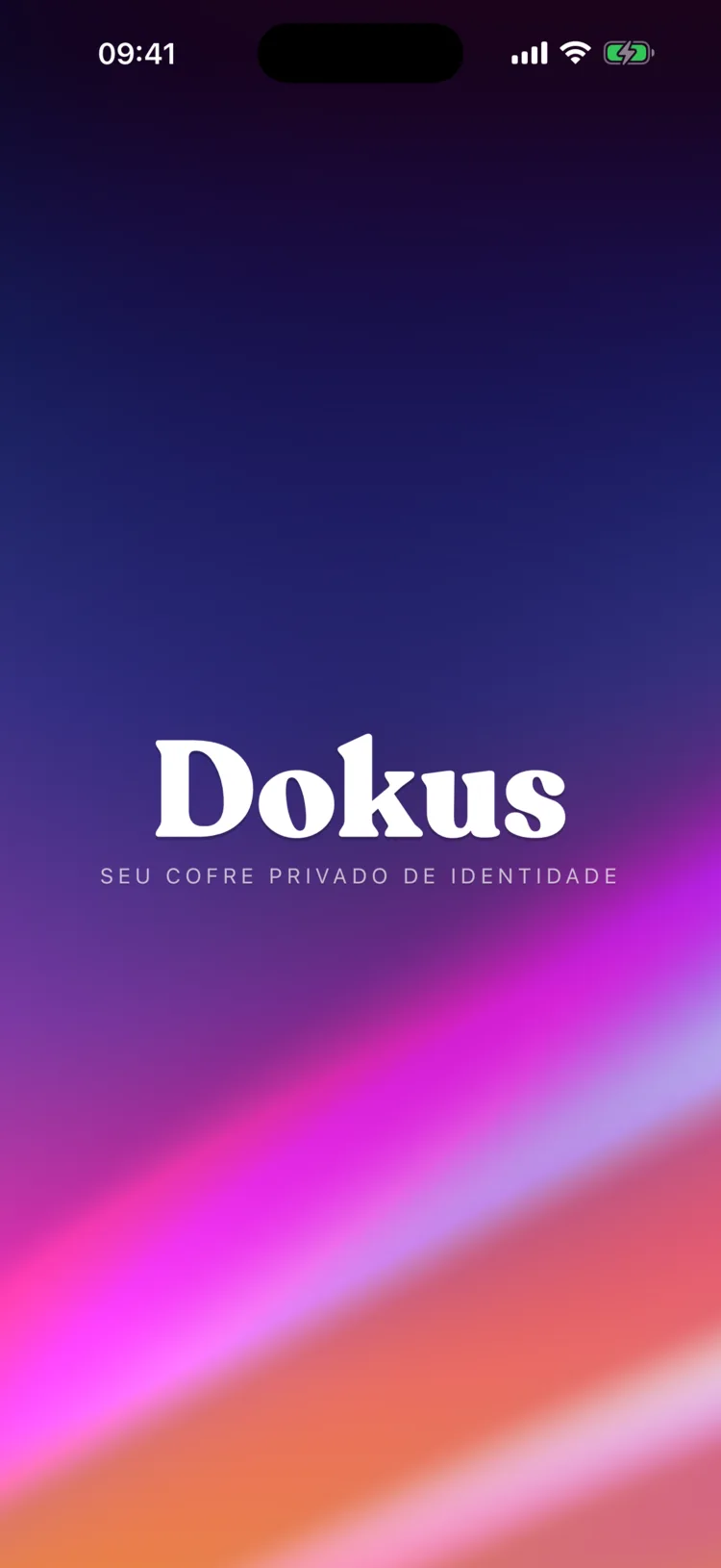 A tela de abertura do Dokus: o logotipo Dokus sobre um degradê iridescente.