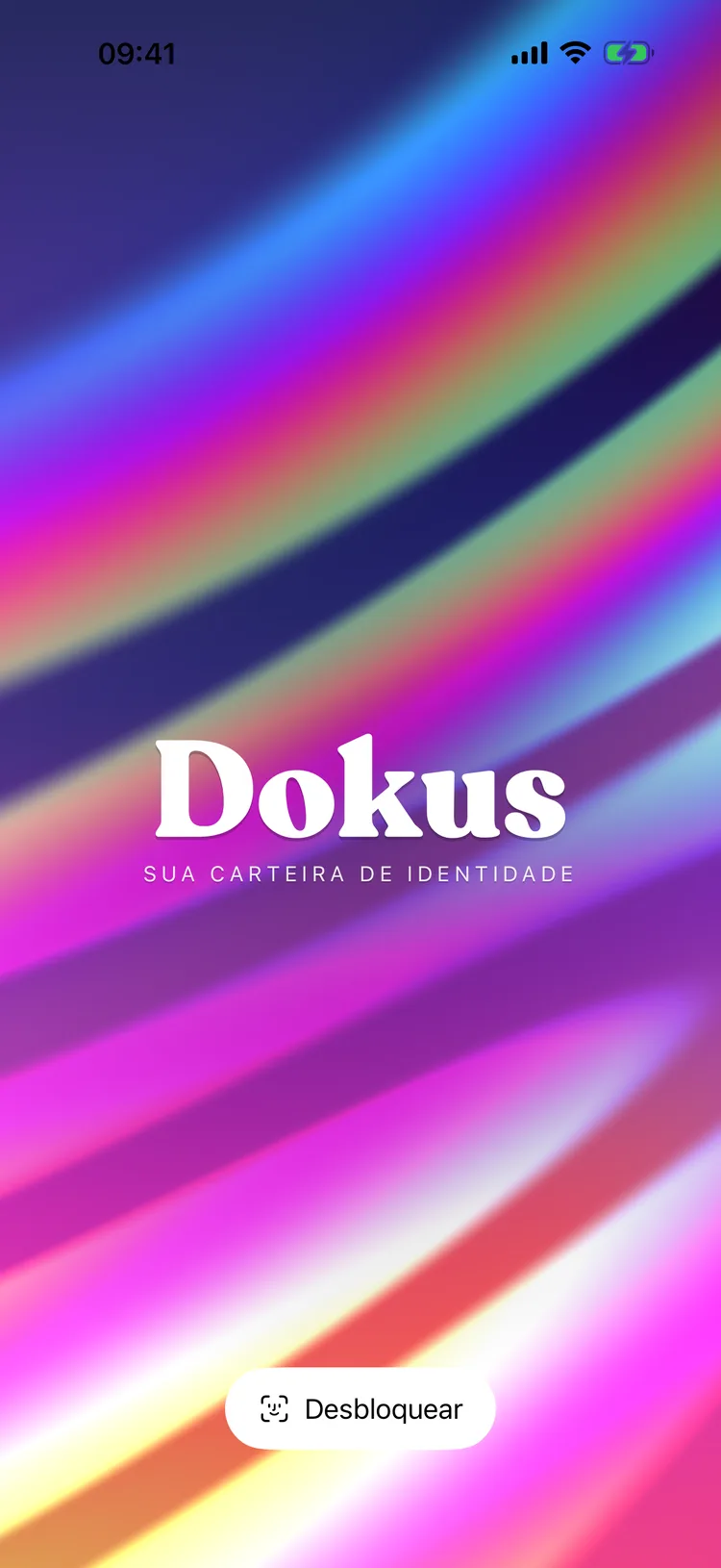 A tela de abertura do Dokus: o logotipo Dokus sobre um degradê iridescente.