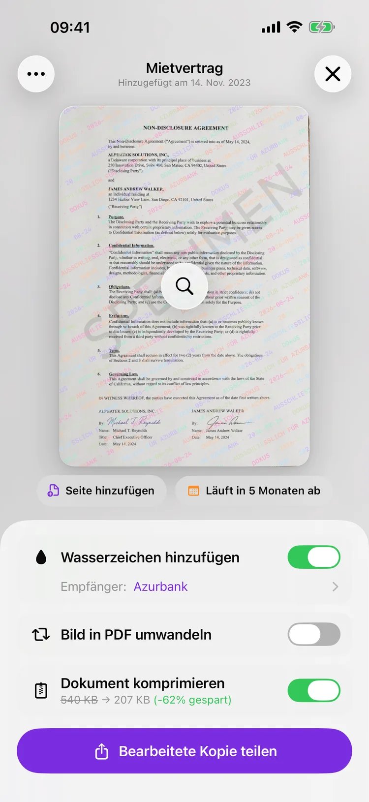 Der Teilen-Bildschirm von Dokus zeigt eine Kopie eines Dokuments, quer darüber der Name des Empfängers.