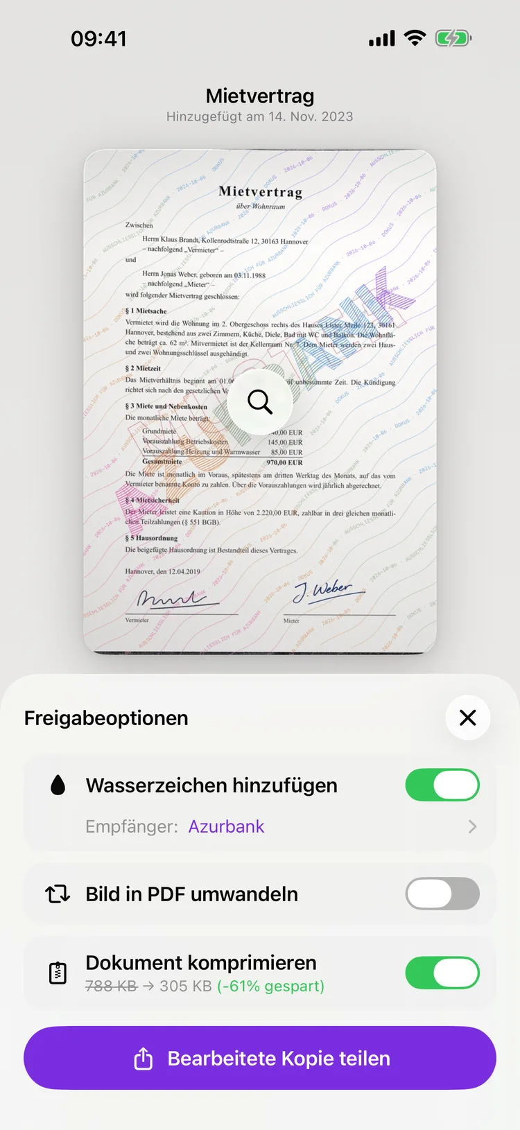 Der Teilen-Bildschirm von Dokus zeigt eine Kopie eines Dokuments, quer darüber der Name des Empfängers.