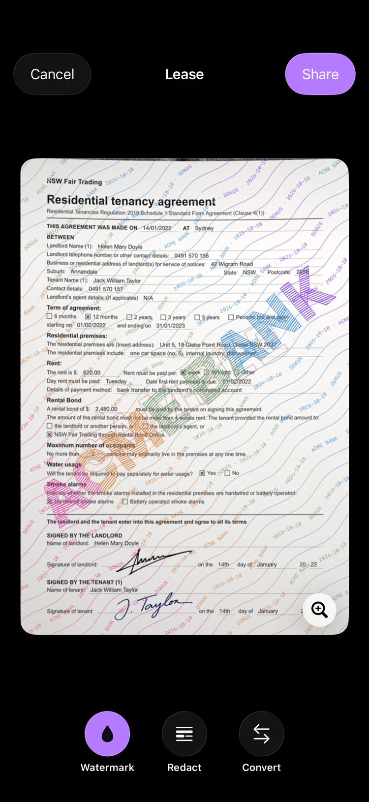 The Dokus share screen showing a copy of a document with the recipient's name stamped diagonally across it.
