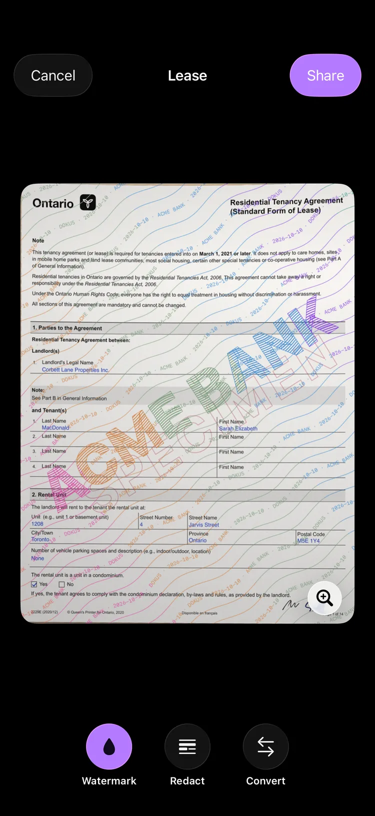 The Dokus share screen showing a copy of a document with the recipient's name stamped diagonally across it.