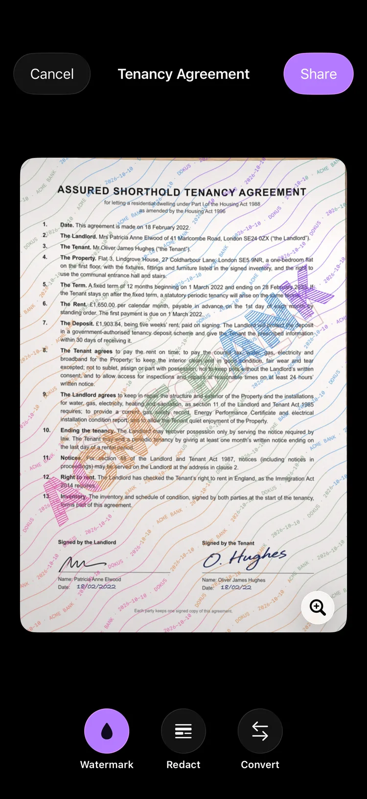 The Dokus share screen showing a copy of a document with the recipient's name stamped diagonally across it.