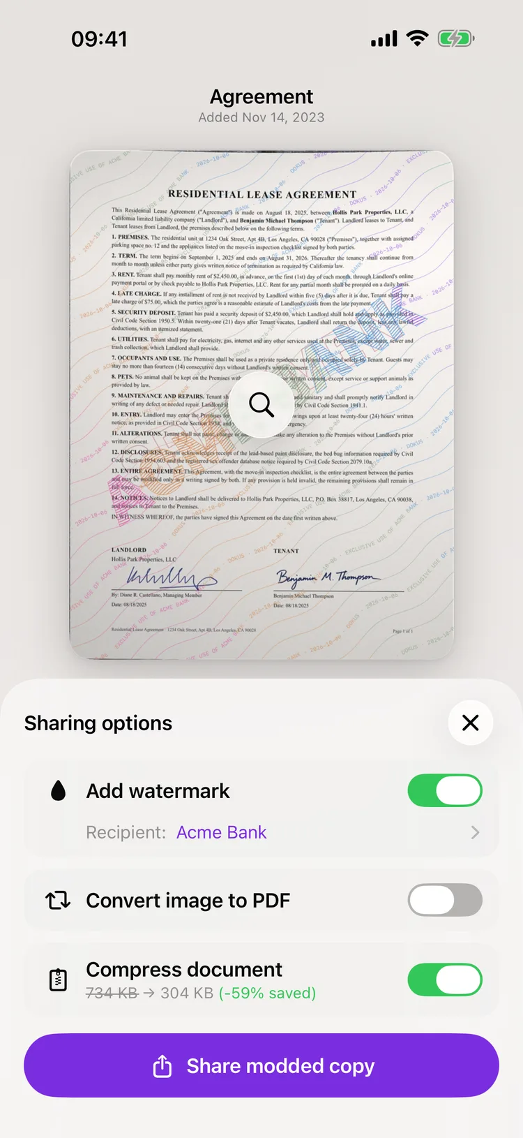 The Dokus share screen showing a copy of a document with the recipient's name stamped diagonally across it.
