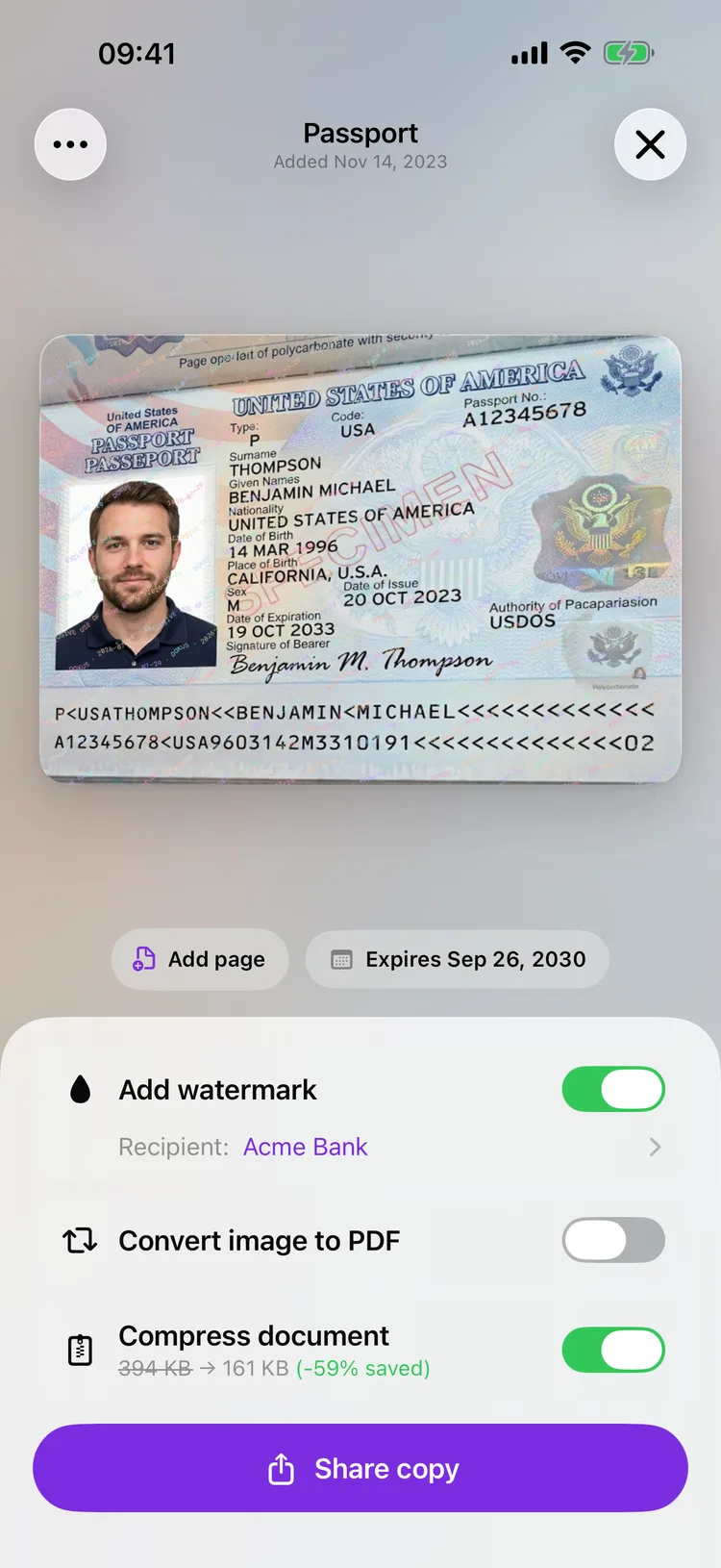 The Dokus share screen showing a copy of a document with the recipient's name stamped diagonally across it.