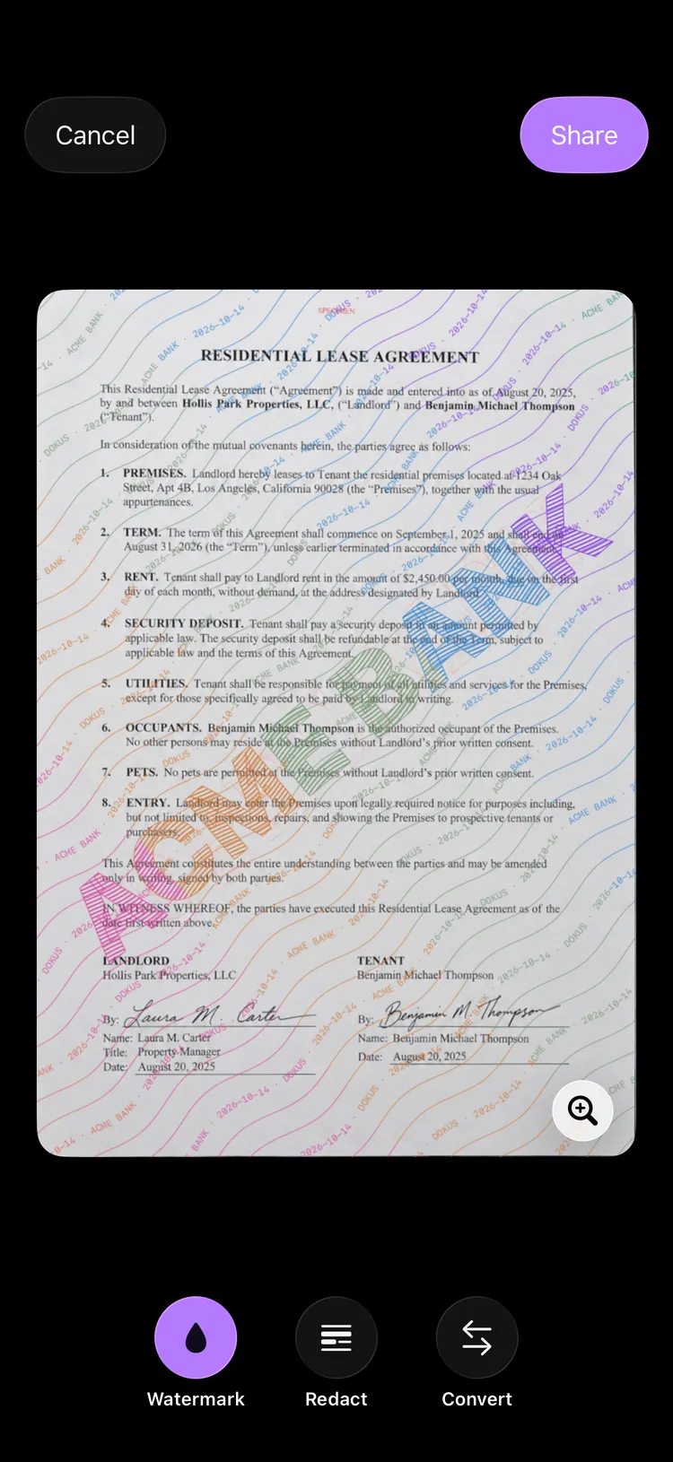 The Dokus share screen showing a copy of a document with the recipient's name stamped diagonally across it.