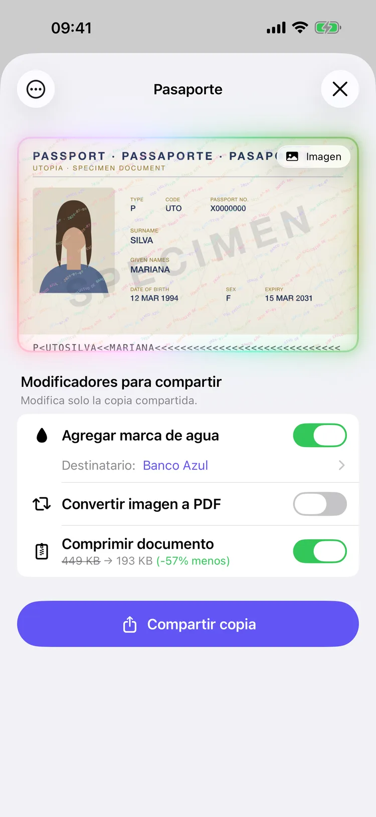 Pantalla de compartir de Dokus mostrando la copia de un documento con el nombre del destinatario estampado en diagonal.