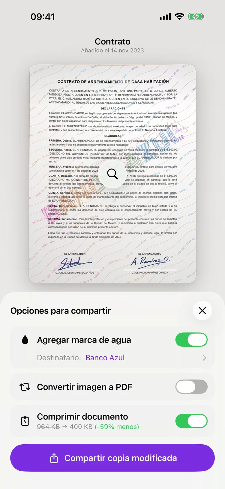 Pantalla de compartir de Dokus mostrando la copia de un documento con el nombre del destinatario estampado en diagonal.