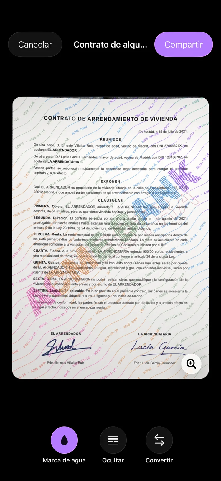 Pantalla de compartir de Dokus mostrando la copia de un documento con el nombre del destinatario estampado en diagonal.