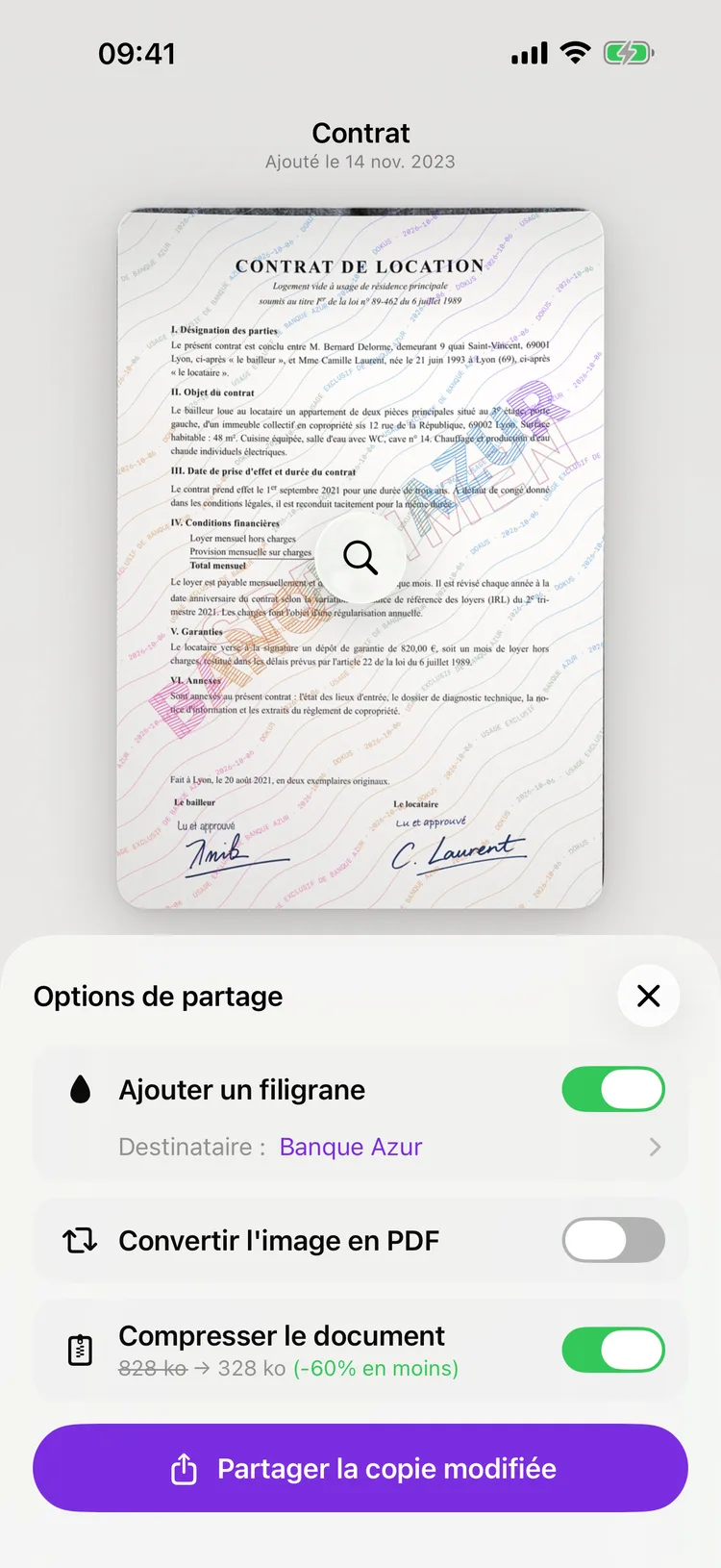 L'écran de partage de Dokus, montrant la copie d'un document avec le nom du destinataire inscrit en diagonale.