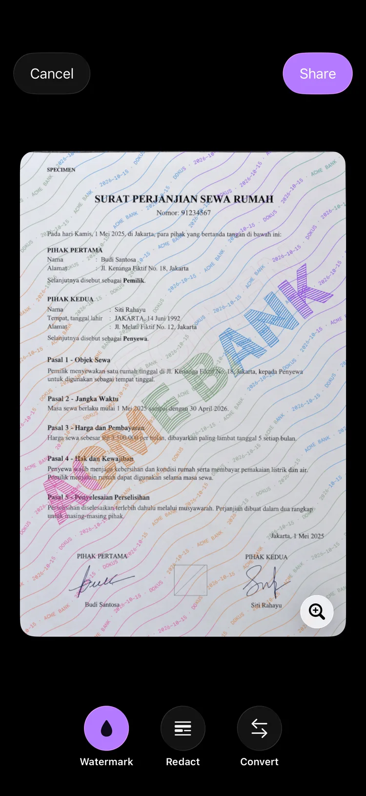 Layar berbagi Dokus, dengan antarmuka berbahasa Inggris, menampilkan salinan dokumen dengan nama penerima tertulis miring di atasnya.