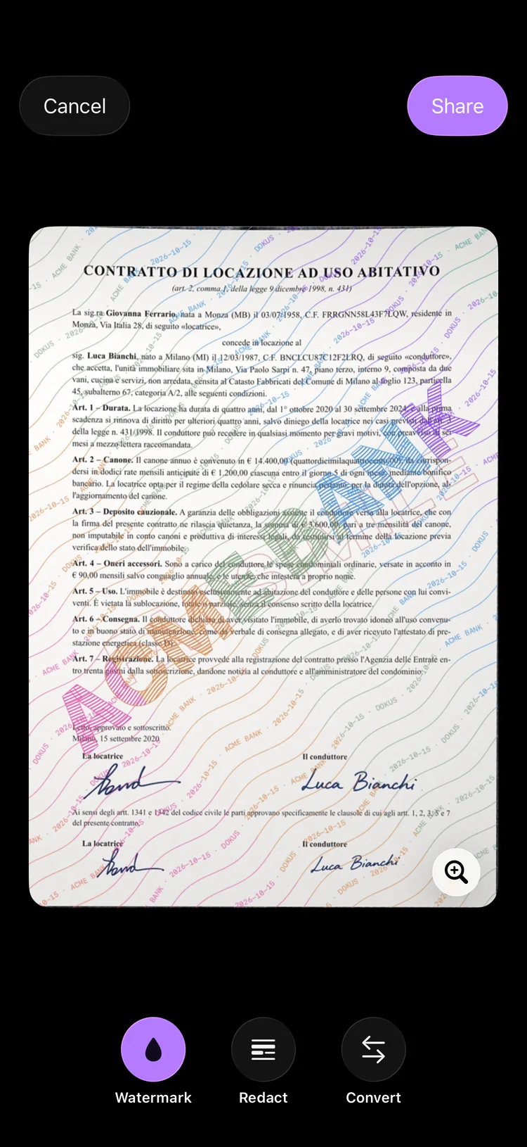 La schermata di condivisione di Dokus, con l'interfaccia in inglese, con la copia di un documento attraversata in diagonale dal nome di chi la riceve.