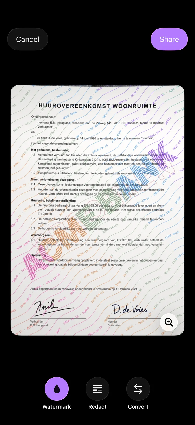 Het deelscherm van Dokus, met de Engelse interface, met een kopie van een document waar de naam van de ontvanger schuin overheen staat.