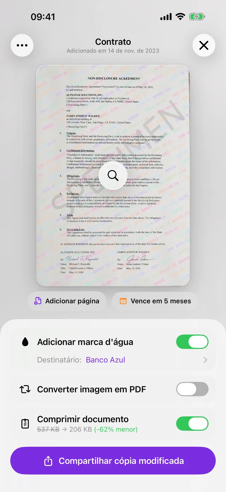 Tela de compartilhamento do Dokus mostrando a cópia de um documento com o nome do destinatário carimbado na diagonal.