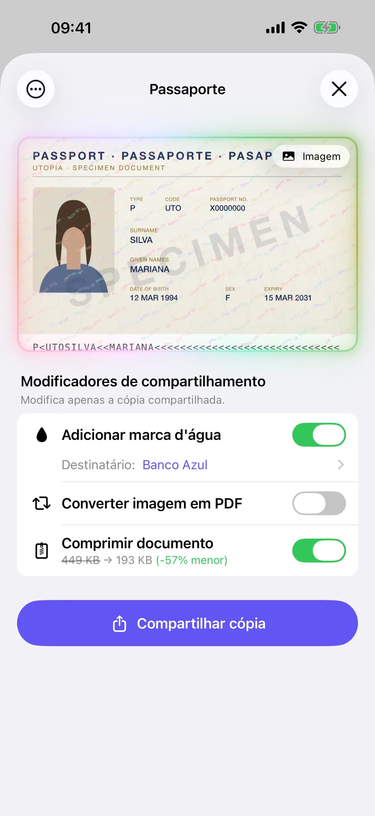 Tela de compartilhamento do Dokus mostrando a cópia de um documento com o nome do destinatário carimbado na diagonal.