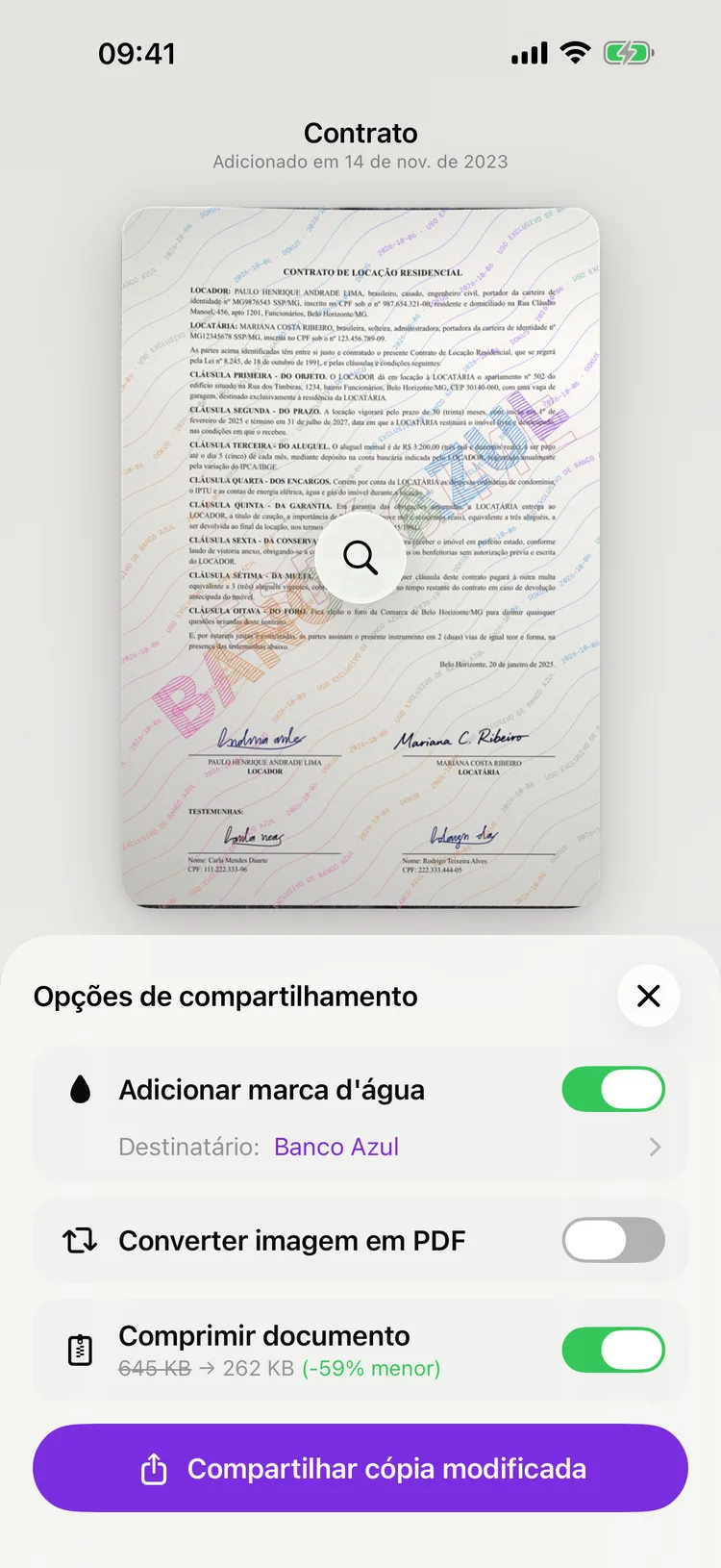 Tela de compartilhamento do Dokus mostrando a cópia de um documento com o nome do destinatário carimbado na diagonal.