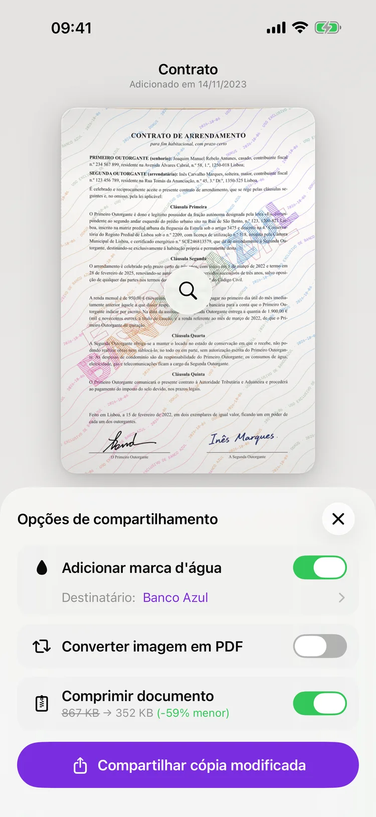 Ecrã de partilha do Dokus com uma cópia de um documento e o nome do destinatário em diagonal.