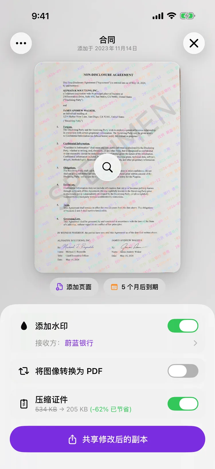 Dokus 的共享界面，显示一份证件的副本，接收方的姓名斜着盖在上面。