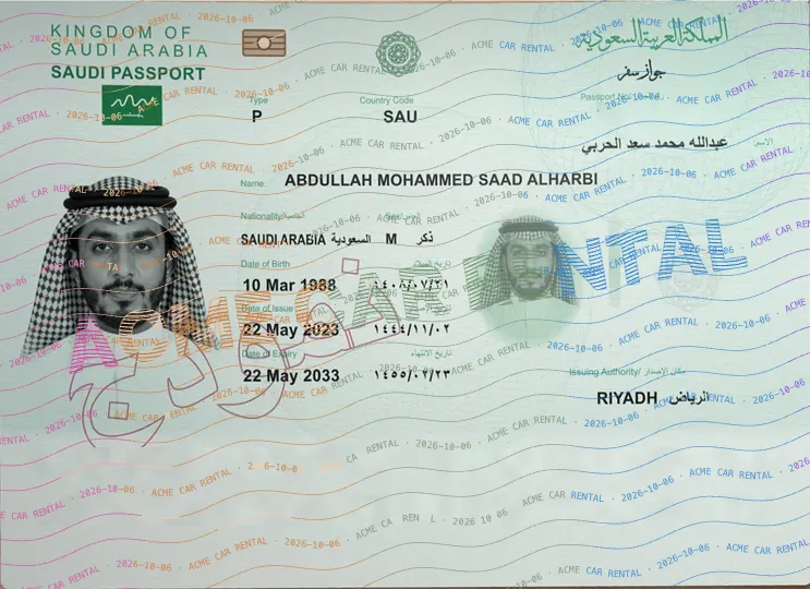 بعد: إخفاء رقم الجواز والسطور المقروءة آليًا، وإضافة علامة مائية بالإنجليزية باسم ACME CAR RENTAL وتاريخ 6 أكتوبر 2026. أخفِ فقط البيانات التي لا تحتاجها الجهة؛ هذا مثال توضيحي لا يثبت قبول النسخة في إجراء تأجير.