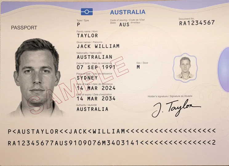 Specimen Australian passport with made-up details. Keeping a copy safe starts with keeping fewer of them.