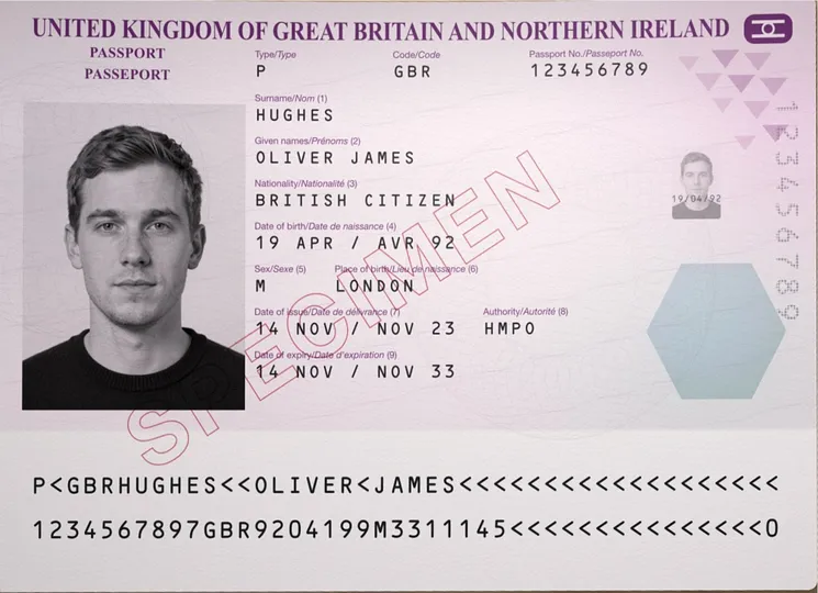 UK passport specimen with fictional details. A saved copy is not an official digital credential.