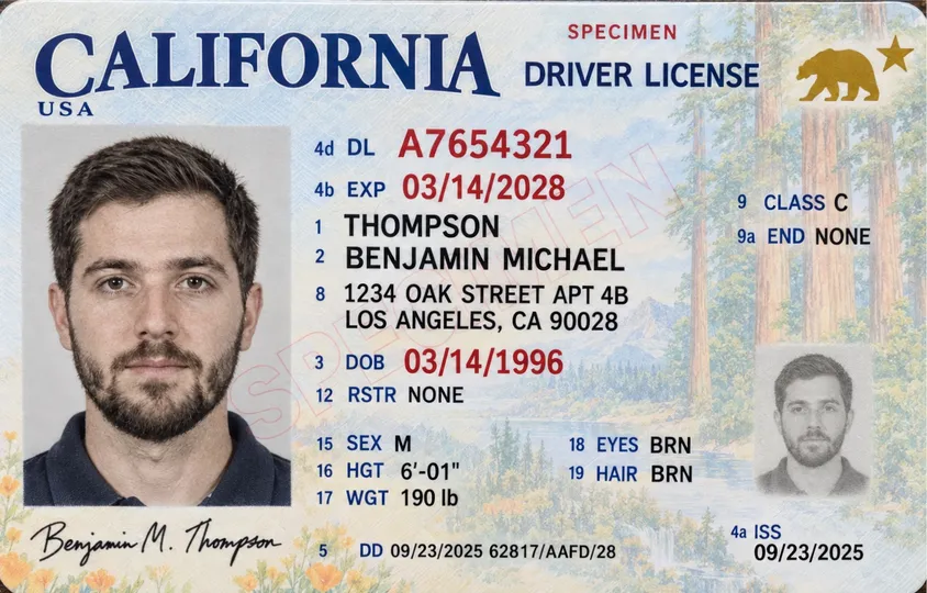 US driver's license specimen with fictional details, the kind of photo a form often asks for as a PDF.