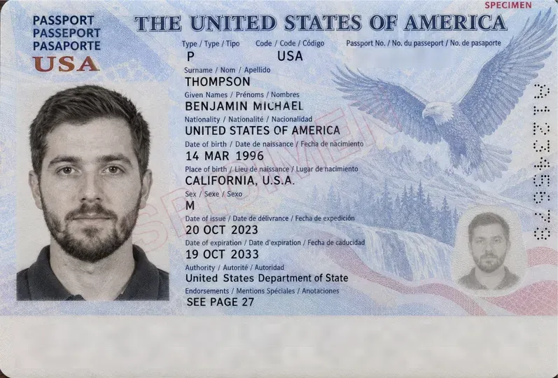 US passport specimen with fictional details. The passport number and the two machine-readable lines are erased, repainted from the paper around them.