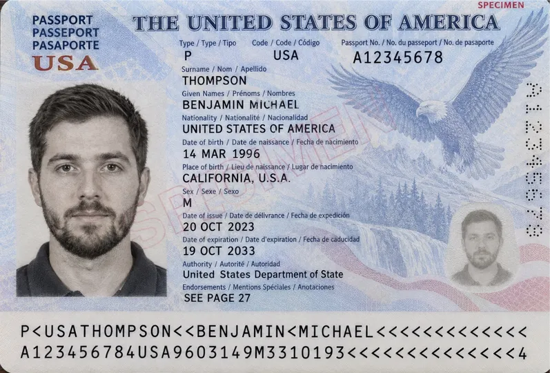 US passport specimen with fictional details. A stored copy helps you check information; only the State Department issues a replacement.