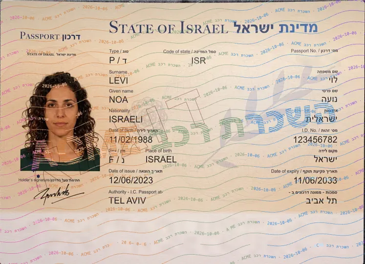 אחרי: מספר הדרכון והשורות הקריאות למכונה הוסתרו, ונוסף סימן מים עבור Acme השכרת רכב בתאריך 6 באוקטובר 2026. מספר הזהות עדיין גלוי; אם אינו נחוץ, יש להסתיר גם אותו. זו הדגמה בלבד, ולא אישור שהעותק מתאים להליך השכרה.
