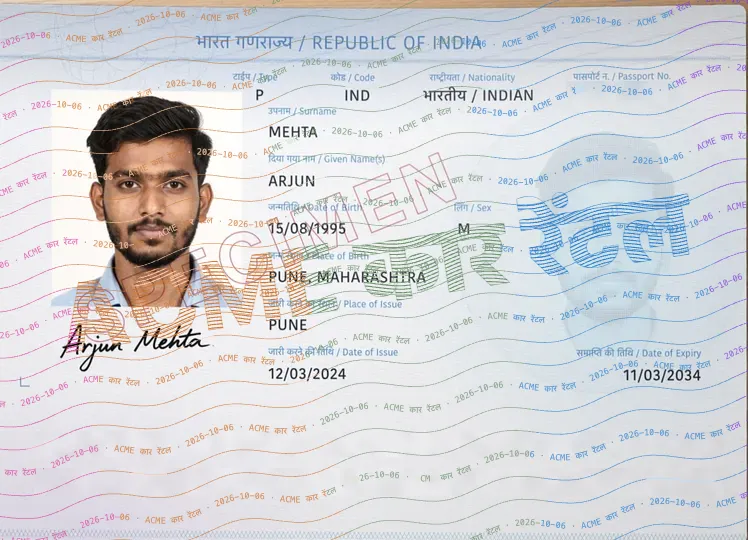 बाद में: पासपोर्ट नंबर और मशीन से पढ़ी जाने वाली पंक्तियाँ छिपी हैं। Acme कार रेंटल और 6 अक्टूबर 2026 का वॉटरमार्क जोड़ा गया है। सिर्फ़ गैरज़रूरी विवरण छिपाएँ; यह उदाहरण किसी किराये की सत्यापन प्रक्रिया में कॉपी स्वीकार होने का प्रमाण नहीं है।
