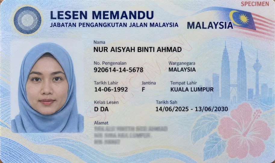 Spesimen lesen memandu Malaysia dengan butiran rekaan, untuk menunjukkan dokumen yang disimpan dalam telefon.