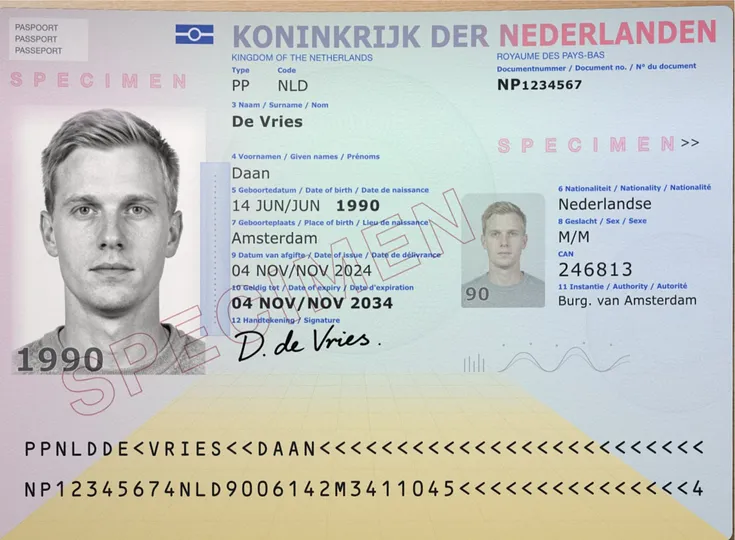 Voorbeeld van een Nederlands paspoort met verzonnen gegevens, ter illustratie van een kopie.